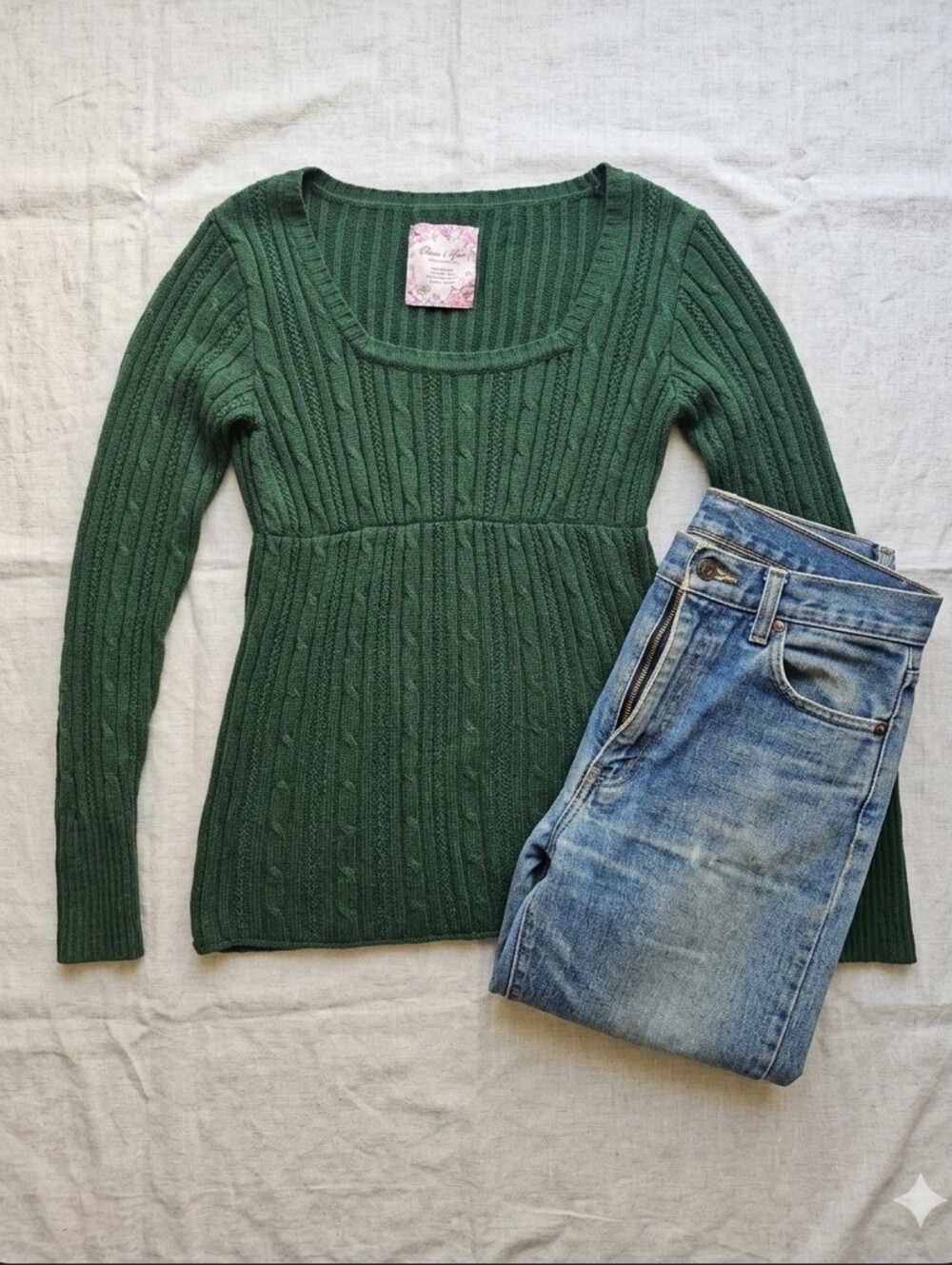Duck Head Bella Swan Dark Green Cable Knit Square Neck Babydoll Sweater Sz Lg